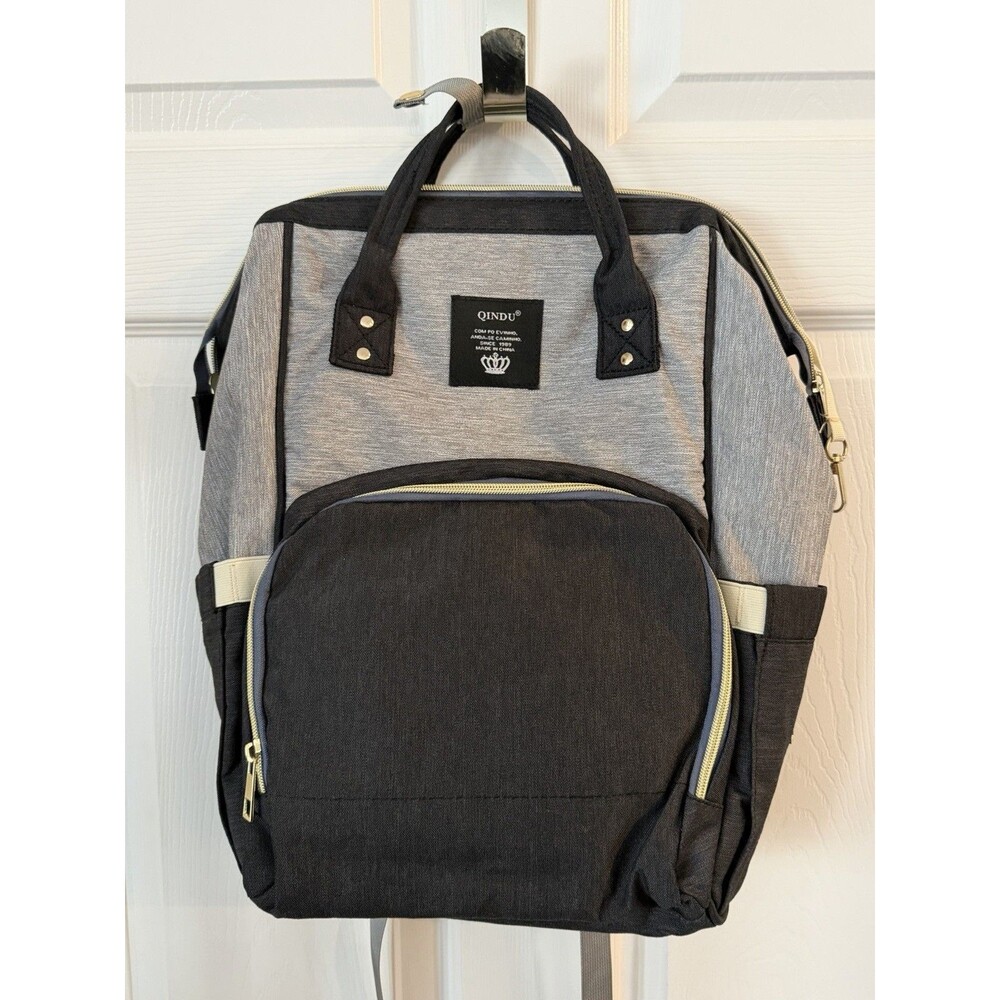 QINDU Gray Black Diaper Backpack with Multiple Pockets Adjustable Strap Zipper
